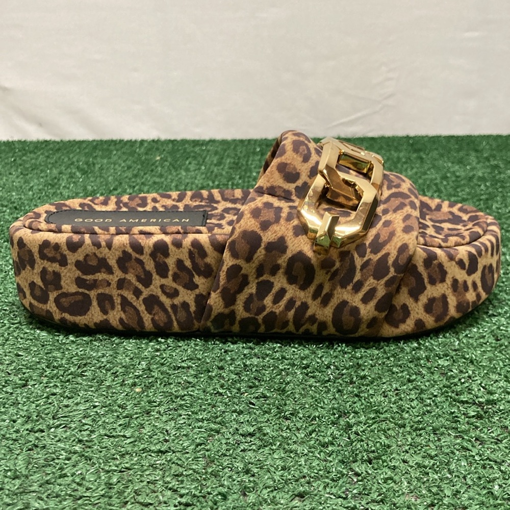 Good American Leopard Print Platform Slide Sandals with Gold Chain - Picture 7 of 10